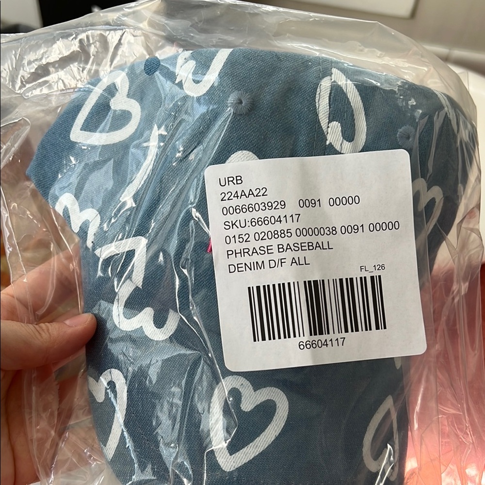 Blue Denim Baseball Cap with White Heart Pattern
